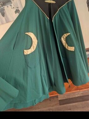 Loki Inspired emerald Green Cape with Gold Crescent Pockets.